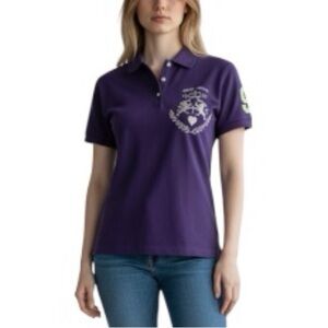 Express Vibrant Purple Cotton Blend Polo Shirt with yellow trim and Logo XS